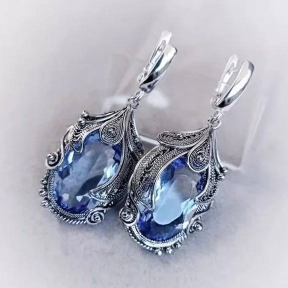 Blue Teardrop‎ Dangle Earrings New Stainless Steel Filigree Leverback Vintage
